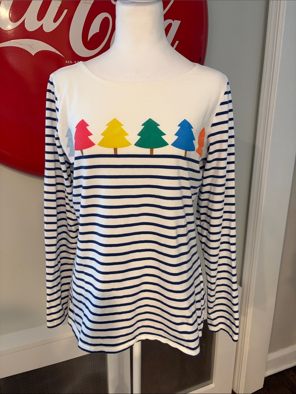 Boden Striped Colorful Trees Long Sleeve Crew Neck T-shirt, size 10 US